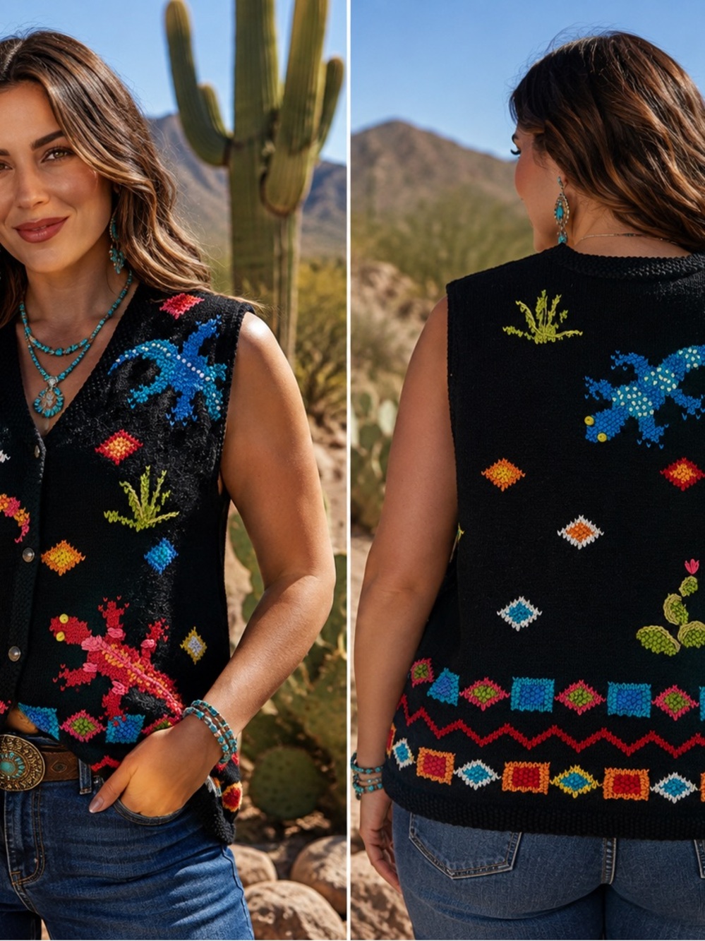 Susan Bristol Black Knit Vest with Colorful Southwestern Embroidery